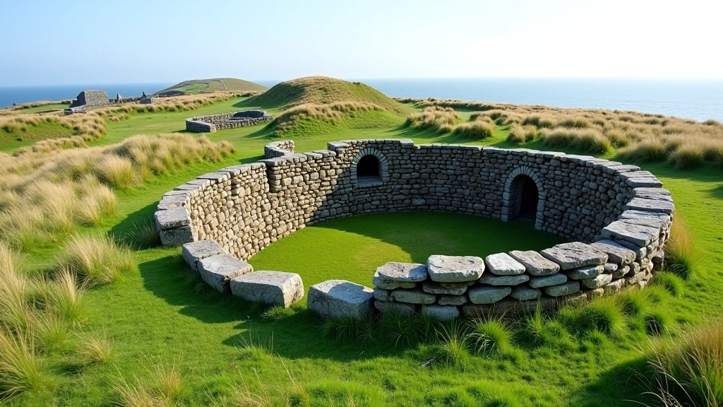Ancient stone fort ruins perched on hillside overlooking Aran Islands landscape