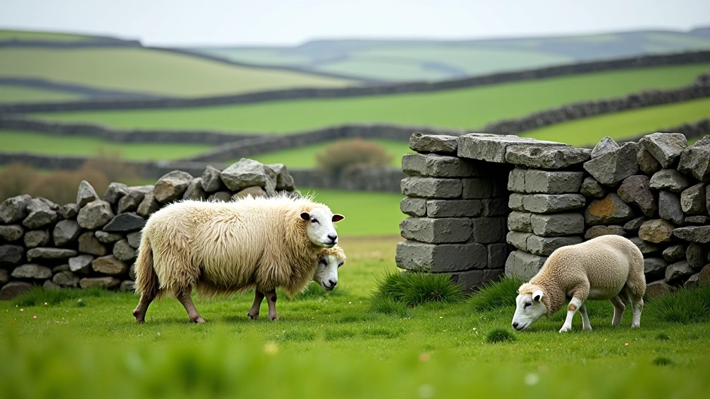 Sheep resting near traditional stone sheep fold structure in grassy field on Inis Mór