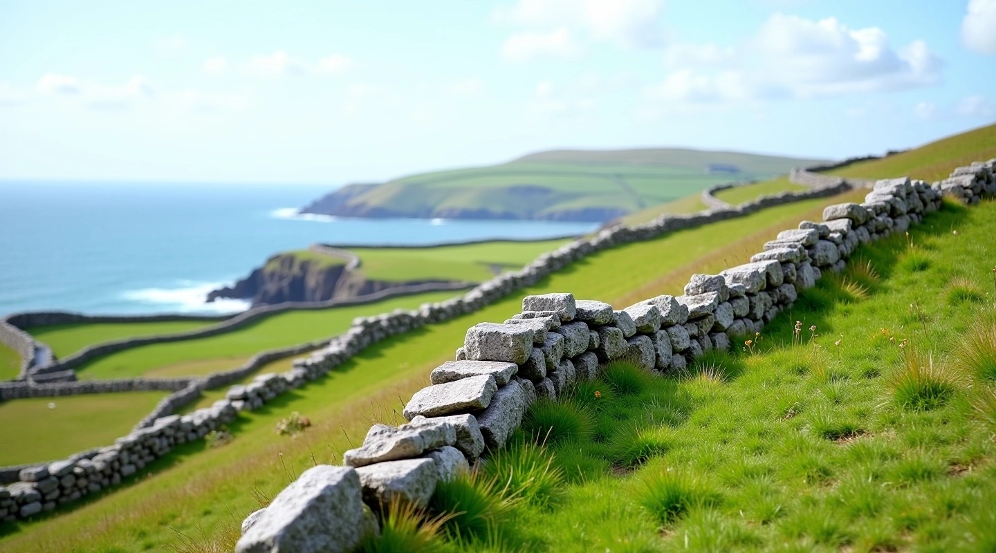 Traditional dry stone wall dividing fields on Inis Mór with green landscape